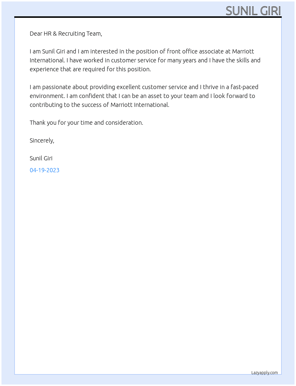 front office associate At marriott international Cover Letter