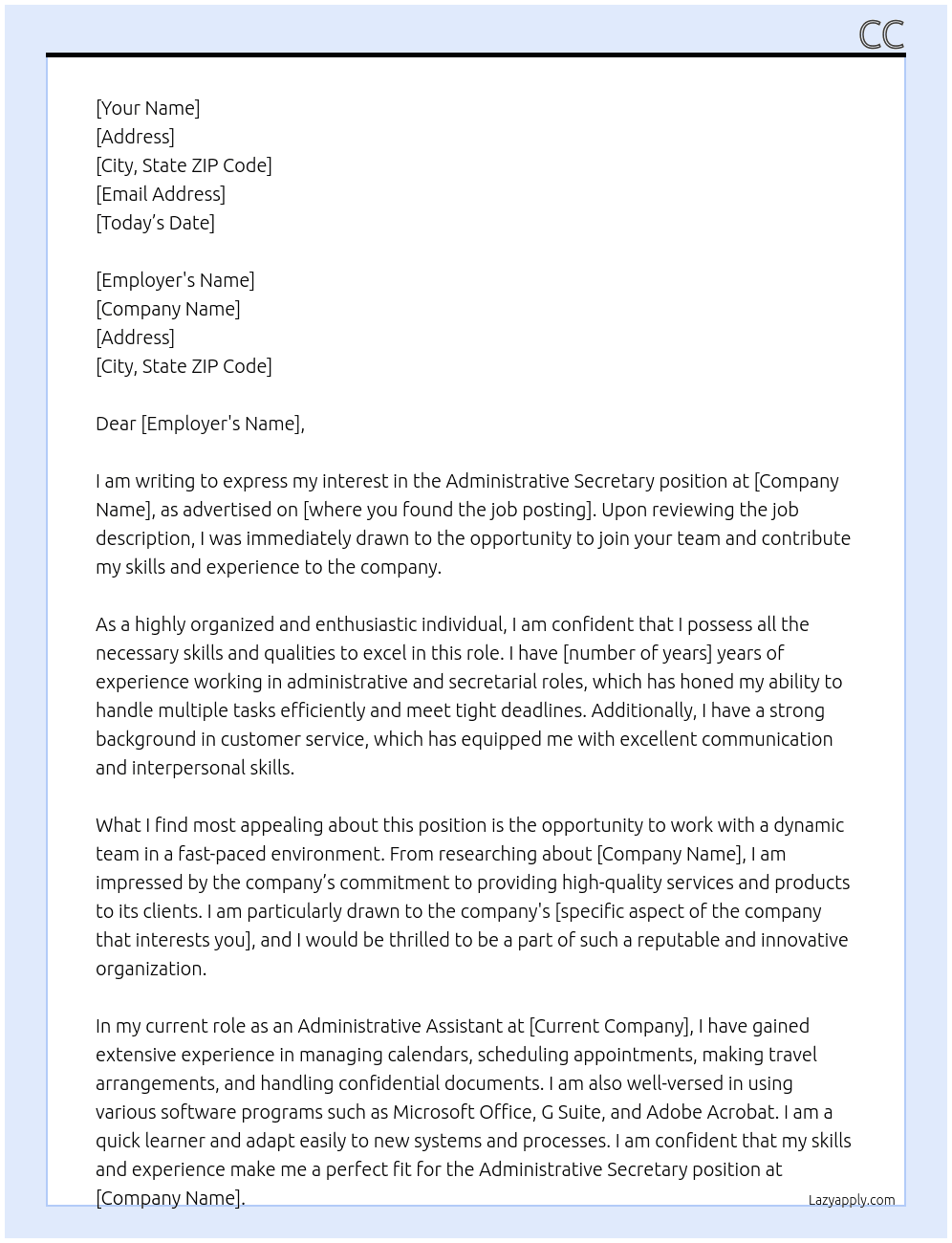 Administrative Secretary  At cc Cover Letter
