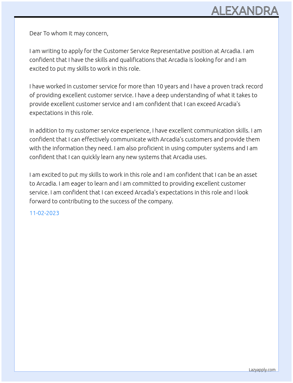 Customer service representive At Arcadia Cover Letter