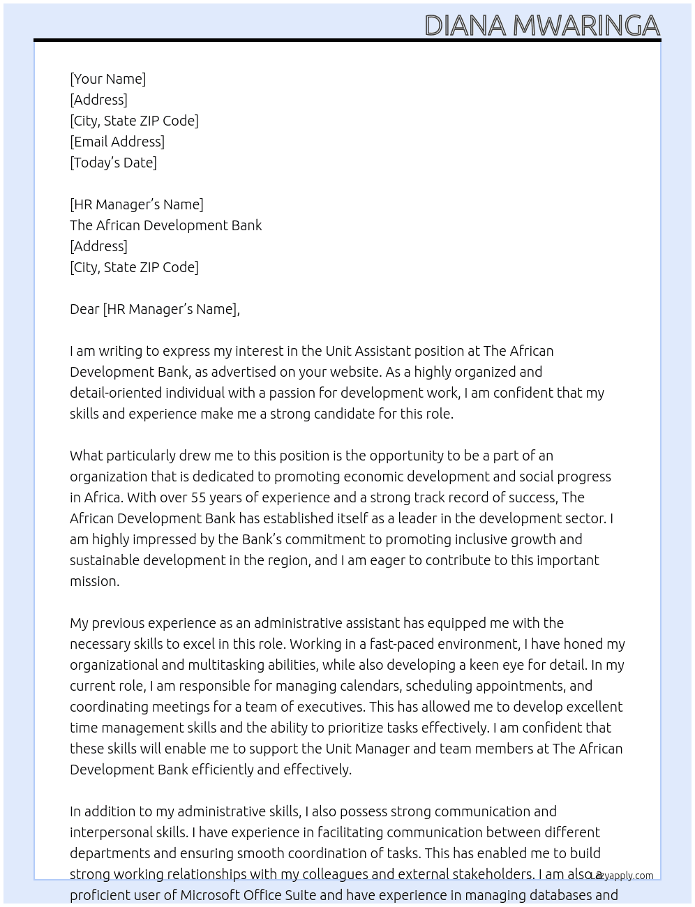 Unit Assistant At The African Development Bank Cover Letter