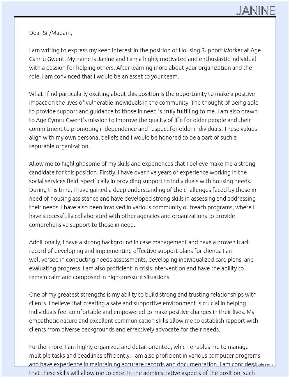 Housing support worker At Age Cymru Gwent Cover Letter