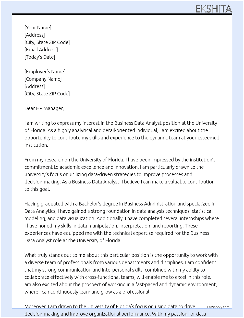 Business Data Analyst At university of florida Cover Letter