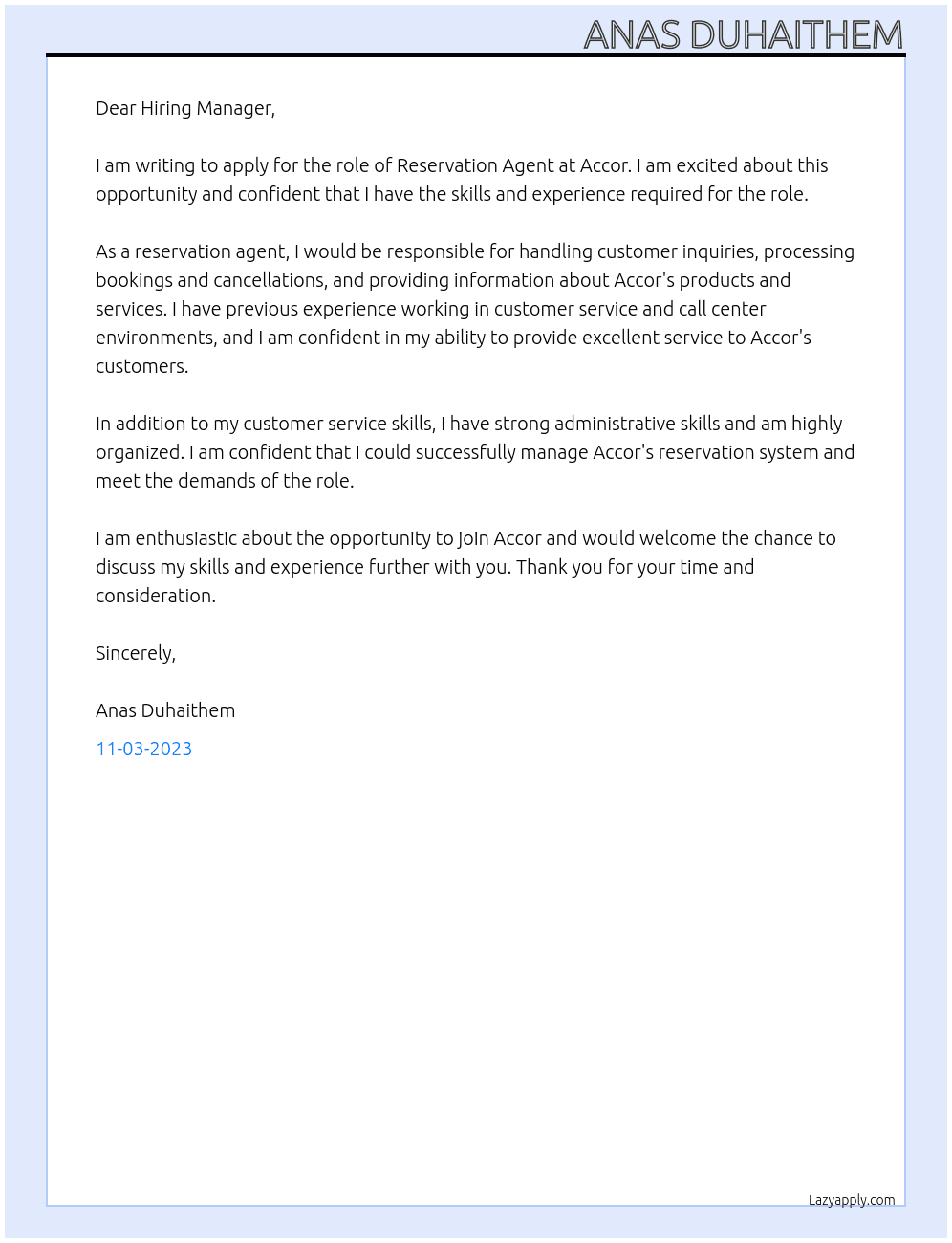Reservation agent  At Accor Cover Letter