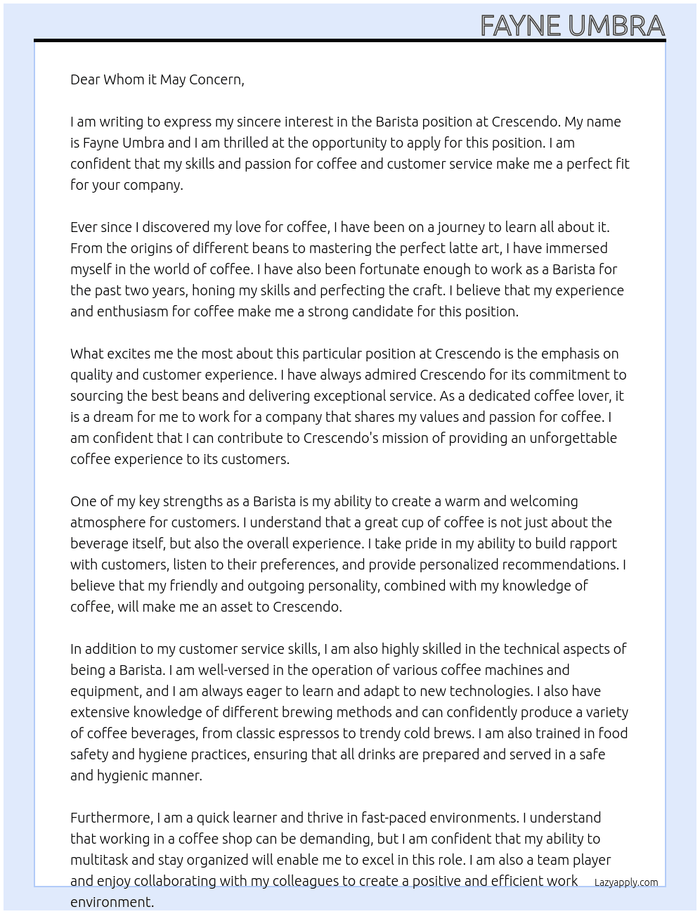 Barista At Crescendo Cover Letter