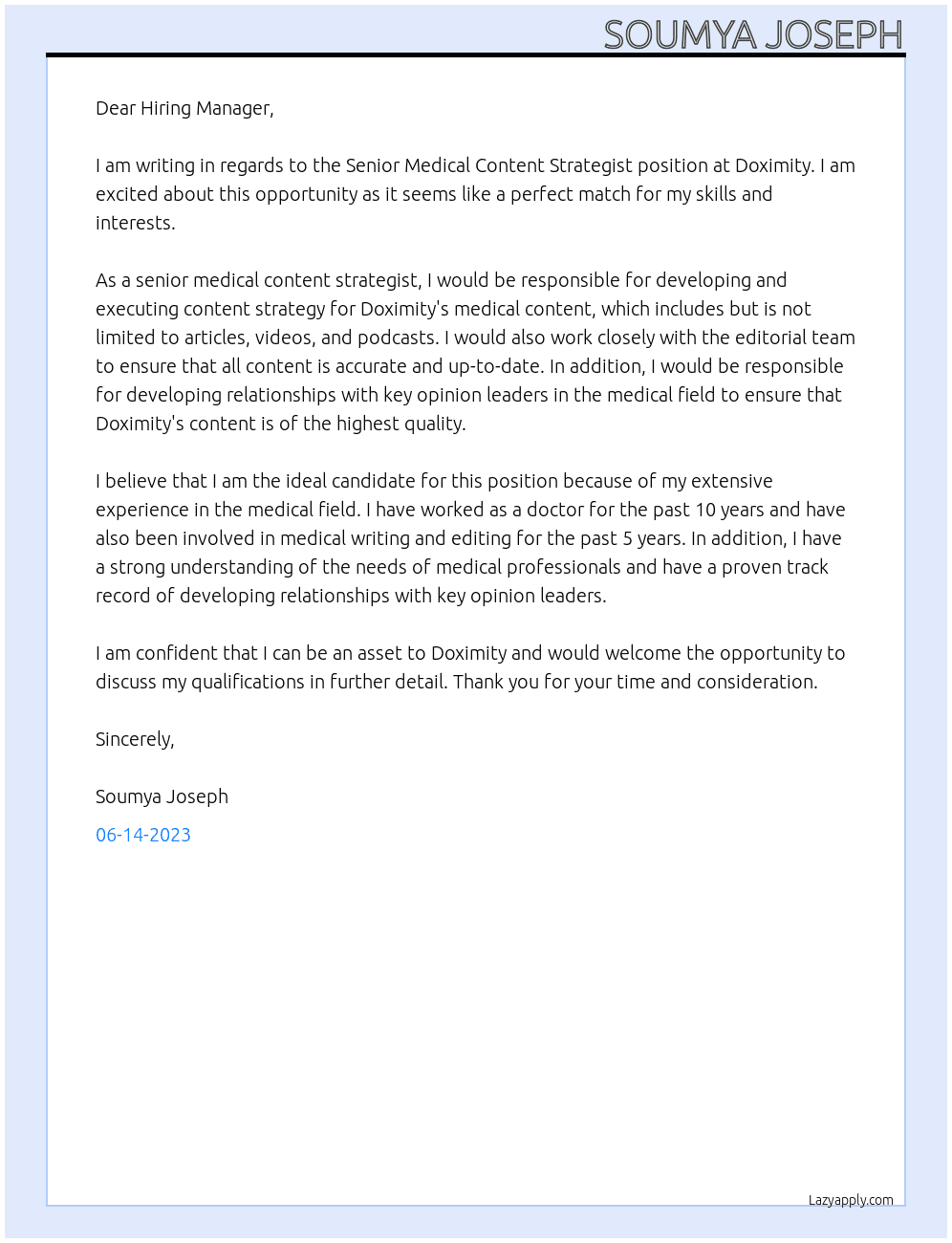 Senior Medical Content Strategist At doximity Cover Letter
