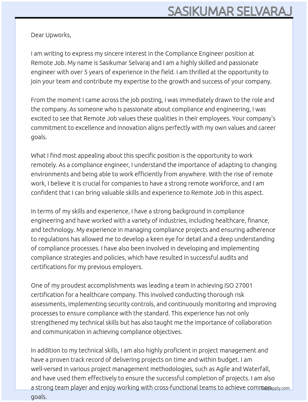 Compliance Engineer At Remote Job Cover Letter