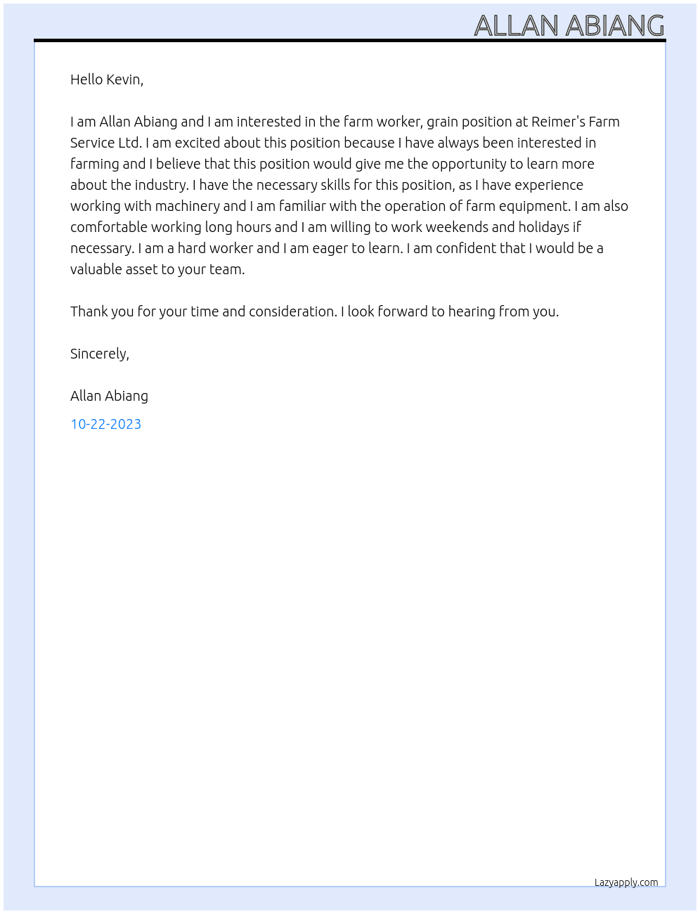 Farm worker, grain At Reimer's Farm Service Ltd. Cover Letter