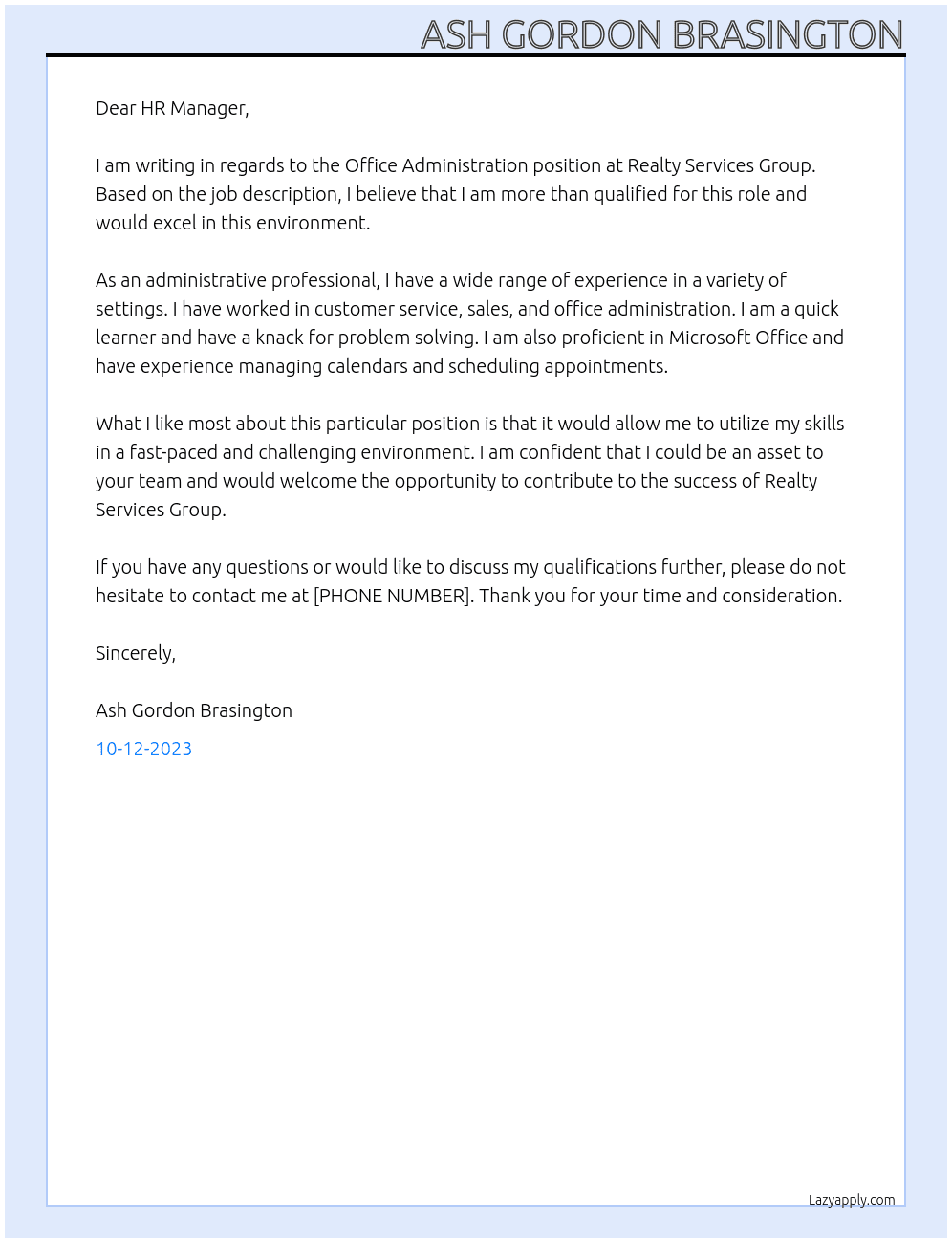 Office Administration  At Realty Services Group  Cover Letter
