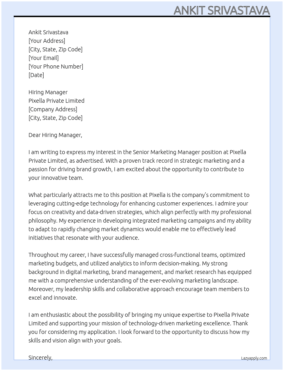 Cover letter for senior marketing manager - LazyApply