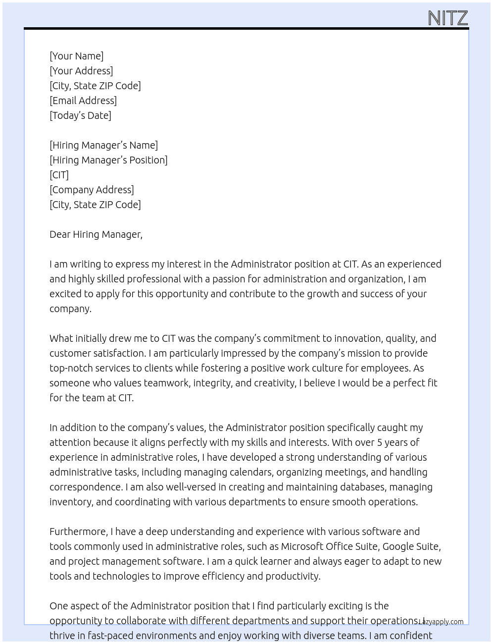 Administrator At CIT Cover Letter