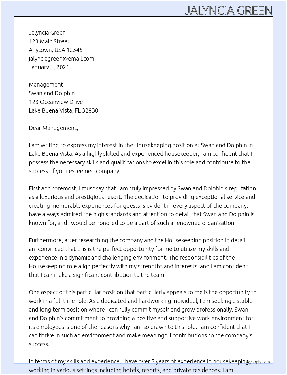 housekeepinf At Swan and Dolphin Cover Letter