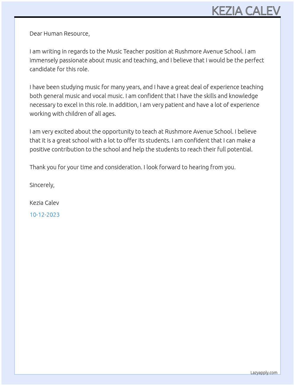 Music Teacher At Rushmore Avenue School Cover Letter