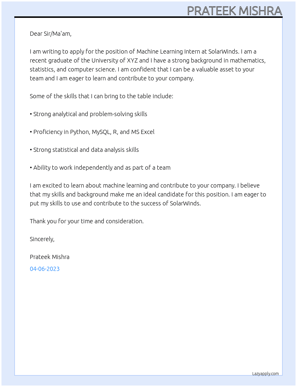 Machine Learning Intern At SolarWinds Cover Letter