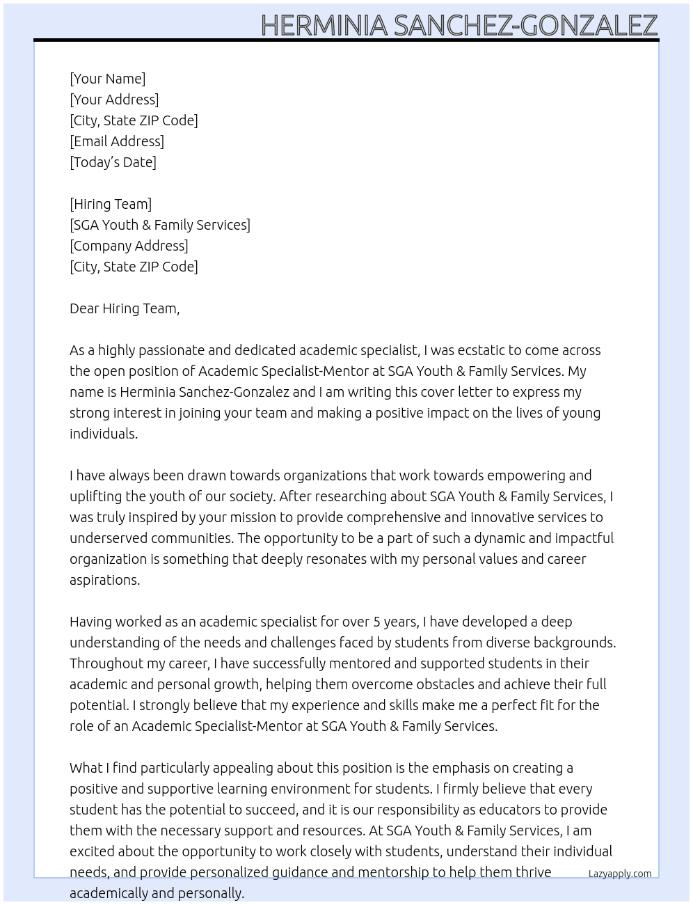 Academic Specialist-Mentor  At SGA Youth & Family Services  Cover Letter