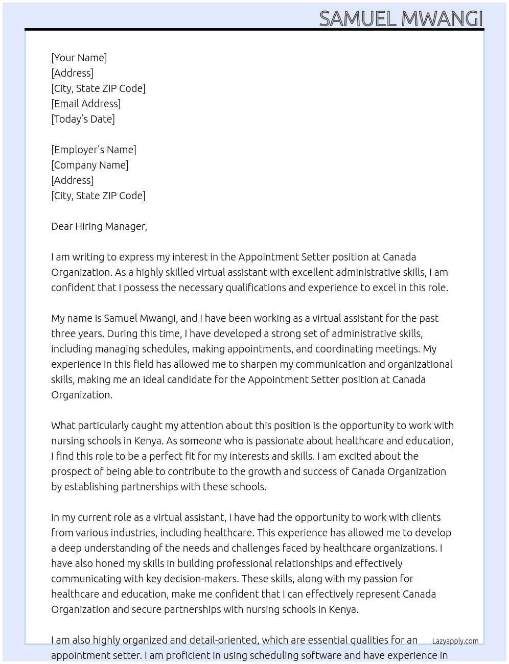 appointment setter At Canada organzation Cover Letter