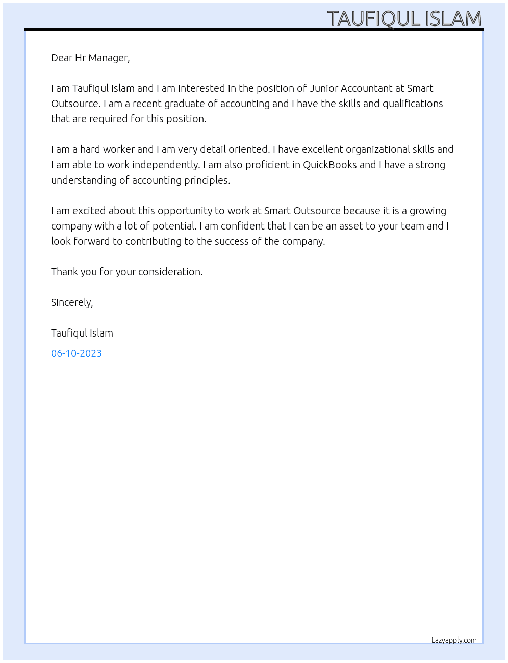 Junior Accountant At Smart Outsource Cover Letter