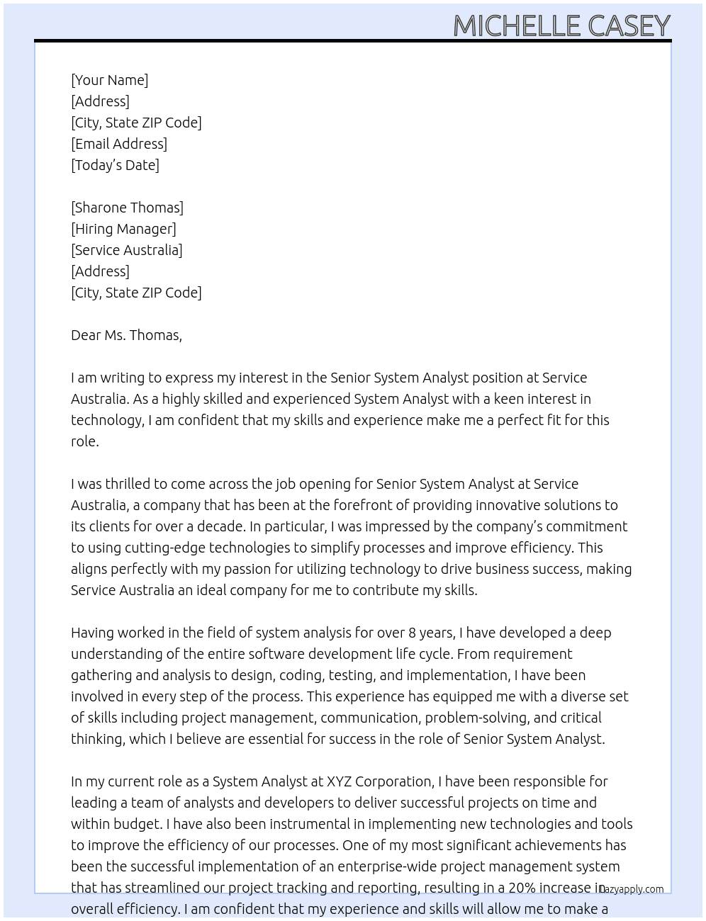Senior System Analsyt At Service Australia Cover Letter