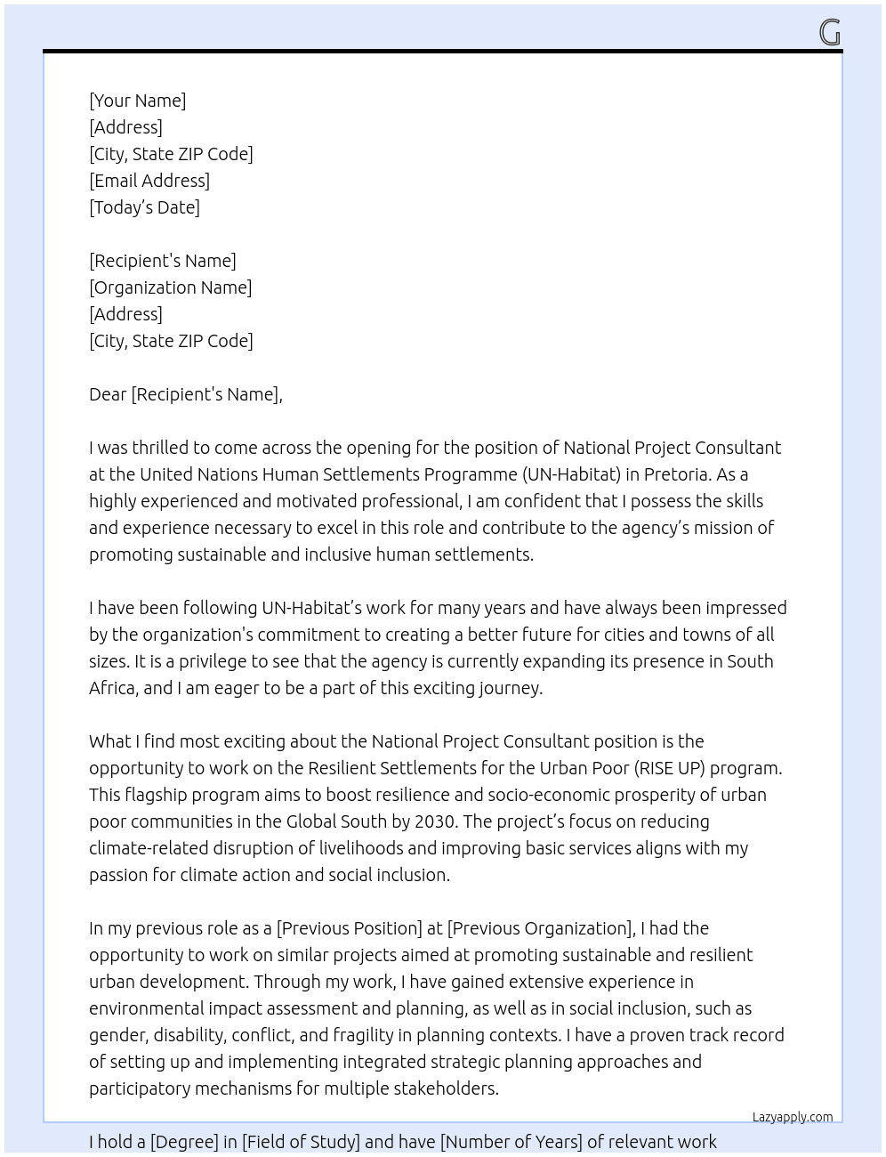 	 Search jobs for... National Project Consultant, Pretoria, South Africa Organization: United Nations Human Settlements Programme Country: South Africa City: Pretoria Office: United Nations Human Settlements Programme in Pretoria   Closing date: Friday, 14 March 2025 Result of Service  The ultimate service of the consultancy is to strengthen the agency’s programmatic approach for climate resilience for the most vulnerable urban poor.  Work Location  Pretoria  Expected duration  12 MONTHS  Duties and Responsibilities  Background to UN-Habitat The United Nations Human Settlements Programme (UN-Habitat) is mandated by the UN General Assembly to promote socially and environmentally sustainable human settlements development and the achievement of adequate shelter for all. For over forty-five years UN-Habitat has been working in human settlements throughout the world, focusing on building a brighter future for cities and towns of all sizes. One of the four focus area under the Strategic Plan 2020-2025 is Strengthened Climate Action and Improved Urban Environment. UN-Habitat Regional Office for Africa (ROAf) established the Sub-regional Office of Southern Africa, to strengthen UN-Habitat presence in sub-regional/country level by engaging sub-regional/country level coordination and activities including the UNCTs, the UN AFPs initiatives, governments, donors, development partners, sub-regional entities and any other relevant dialogues. UN-Habitat Sub-Regional Office for Southern Africa covers 13 countries including South Africa, Lesotho, Eswatini, Mozambique, Namibia, Botswana, Zimbabwe, Zambia, Malawi, Madagascar, Comoros, Seychelles, and Mauritius. The Office cooperates with the SADC (South African Development Community) secretariat based in Botswana, providing substantive assistance to the country level as well as sub-regional level. In response to the rapid urbanization in the sub-region, the agency’s work is expanding: in addition to the current permanent presence of staff in Mozambique, Malawi, Comoros and Madagascar, the agency is currently opening an office in South Africa. Background to the position UN-Habitat is opening an office in South Africa, to strengthen the agency’s programming and support to the national/local authorities in South Africa and neighbouring countries. The office is expected to be operational in early 2025. UN-Habitat's flagship programme, Resilient Settlements for the Urban Poor (RISE UP) aims to boost resilience and socio-economic prosperity of urban poor communities in the Global South by 2030. The program currently supports South Africa, Lao PDR, Madagascar and Sri Lanka, targeting urban dwellers in informal settlements and climate hotspots by reducing climate-related disruption of livelihoods and improving basic services. The project will enhance capacity to access climate finance of national and local governments in least-developed countries, developing countries and small island states, focusing on sustainable, net-zero, and climate resilient development. South-south, regional and interregional cooperation will facilitate knowledge exchange and technical cooperation to strengthen government capacities. The project will seek to mobilize climate adaptation finance where urban risks and vulnerabilities are highest, by assessing multi-layered urban risks and climate vulnerabilities, proposing responsive actions, and prioritizing for the development of bankable urban climate action proposals for climate finance. It will showcase the commitments of local governments and urban practitioners through the Innovate4Cities partnership, in collaboration with Global Covenant of Mayors for Climate and Energy, at major international forums such as UNFCCC, CBD COPs, World Urban Forum. The project will leverage existing synergies with the SURGe Initiative for global scaling. In South Africa, implementation will focus on disaster (flood)-prone areas of EThekwini Municipality Area, Durban, KwaZulu-Natal, and Port St Johns in the Eastern Cape province. This position is to act as a focal point for the RISE UP project in South Africa for UN Habitat, and to contribute to the development and implementation of the agency’s broader programming in South Africa. Objectives Building on the efforts of establishing a RISE UP Secretariat, the overall objective of the project is to enhance interregional knowledge exchange and capacities of national and local governments in Lao PDR, Madagascar, South Africa, and Sri Lanka for urban sustainable, net-zero, climate resilient and nature positive development for the most vulnerable urban communities. Long-term, the project will support the integration of urban climate issues into NDCs, NAPs and municipal and national climate policy. The project has two expected outcomes: 1. Enhanced interregional knowledge exchange and strengthened capacities of national and local governments in Lao PDR, Madagascar, Sri Lanka, and South Africa to understand local multi-layered risks and vulnerabilities (climate change, biodiversity & urban) and develop appropriate response options. 2. Strengthened capacity of national and local governments in Lao PDR, Madagascar, South Africa, and Sri Lanka to develop appropriate bankable climate action projects in support of the most vulnerable urban communities. Duties and Responsibilities Located in the UN-Habitat Country Office in South Africa, the National Project Manager will be responsible for overseeing project implementation, supporting broader office functions, and ensuring that the objectives of both the South Africa Country Programme and the RISE UP project are met under the overall guidance of the RISE UP Coordinator and the Southern Africa Hub Manager. The position will involve the following typical main duties leading to the ultimate requested outputs: Programme and Office Management Responsibilities: 1. Support the overall implementation and coordination of UN-Habitat's programmes in South Africa, ensuring alignment with national urban development priorities. 2. Assist partnership development, and stakeholder engagement for UN-Habitat South Africa’s broader urban resilience initiatives. 3. Provide technical assistance and policy recommendations to government agencies, municipalities, and urban stakeholders on sustainable urban planning and climate adaptation strategies. 4. Develop knowledge-sharing mechanisms and capacity-building initiatives to enhance the urban resilience capabilities of national and local institutions. 5. Contribute to research, publications, and policy papers related to climate-resilient urban development and other thematic areas under the UN-Habitat mandate. 6. Support reporting, monitoring, and evaluation of UN-Habitat South Africa Programme activities, ensuring timely submission of reports to UN-Habitat headquarters and donor agencies. Project-Specific Responsibilities (RISE UP Initiative): 1. Oversee the daily management of all RISE UP project activities, ensuring compliance with project deliverables and UN-Habitat’s best practices. 2. Develop urban community selection criteria based on climate change risks, local vulnerabilities, and the capacity to support project implementation. 3. Facilitate consultations with city administrations to identify urban poor communities highly vulnerable to climate change impacts in EThekwini Municipality, Durban, KwaZulu-Natal, and Port St Johns. 4. Coordinate with the GIS Expert and local government partners to collect and analyze data on past climate impacts, urban socio-economic issues, biodiversity trends, and climate projections. 5. Conduct policy reviews to assess national and local urban development strategies, climate change policies, and governance frameworks. 6. Support vulnerability assessments and spatial mapping efforts, ensuring the integration of climate risk analysis into urban planning processes. 7. Organize capacity-building workshops, Training-of-Trainers (ToT) sessions, and knowledge exchange forums for national and local government officials and urban stakeholders. 8. Develop training materials and facilitate knowledge-sharing sessions on urban resilience, climate risk management, and nature-based solutions. 9. Lead the documentation and dissemination of project outcomes, ensuring lessons learned are integrated into broader urban policies and strategies. 10. Prepare regular project progress reports, communicate findings with stakeholders, and ensure compliance with UN-Habitat reporting guidelines. 11. Travel to project sites as required to monitor implementation, engage with stakeholders, and provide technical support. 12. Perform other duties as assigned by the UN-Habitat RISE UP Coordinator and Southern Africa Hub Manager.  Qualifications/special skills  For MA/MSC degree in relevant field, minimum 2 years of relevant work experience in environmental impact assessment and planning are required. For BA/BSC degree in a relevant field, minimum 4 years of relevant work experience in environmental impact assessment and planning are required. Proven experiences in social inclusion such as gender, disability, conflict, and fragility in planning context, setting up and implementing integrated strategic planning approaches and participatory mechanisms for multiple stakeholders are required. Substantial knowledge in environmental assessment and planning, climate change and vulnerabilities in urban areas, environmental and social impact assessment, and environmental and social safeguarding, is an asset. Recognized experience and knowledge on consultation/participation methodologies is an asset. Training development and facilitation including experience in drafting and encouraging the implementation of policy/strategic guidance and developing practical tools and resources is an asset At Un habitat Cover Letter