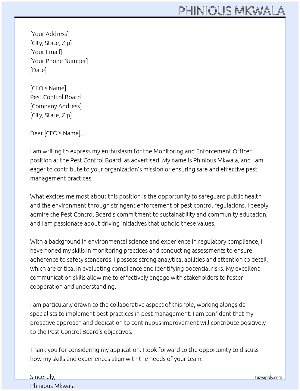 Monitoring And Enforcement Officer At Pest control board Cover Letter