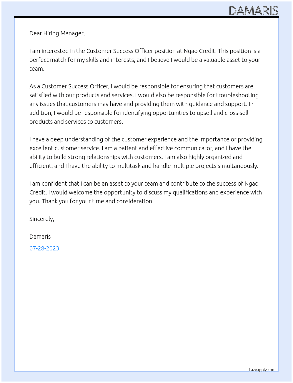 Customer Success Office At Ngao Credit Cover Letter