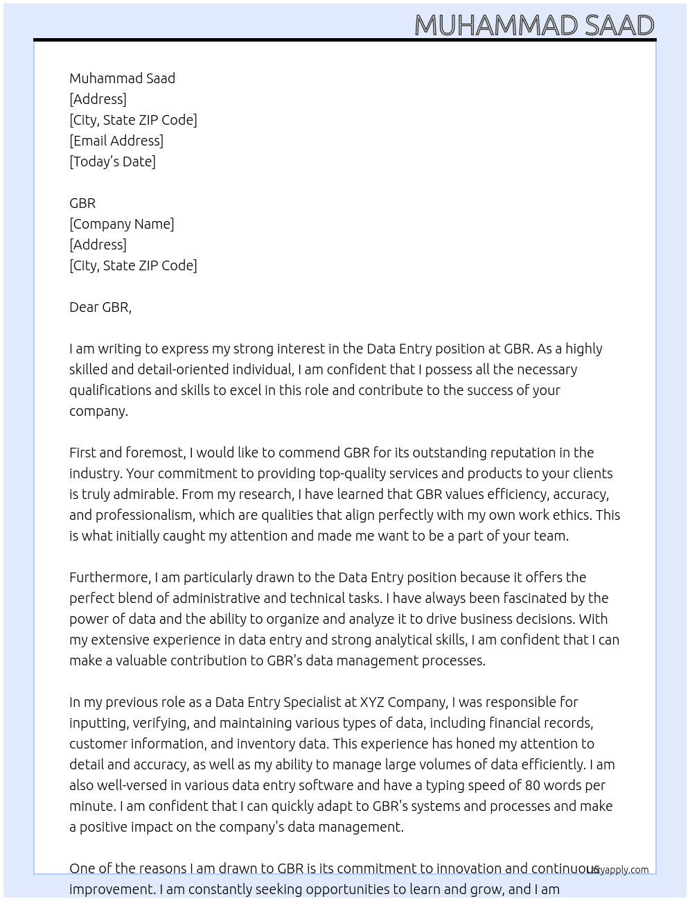 Data Entry At GBR Cover Letter