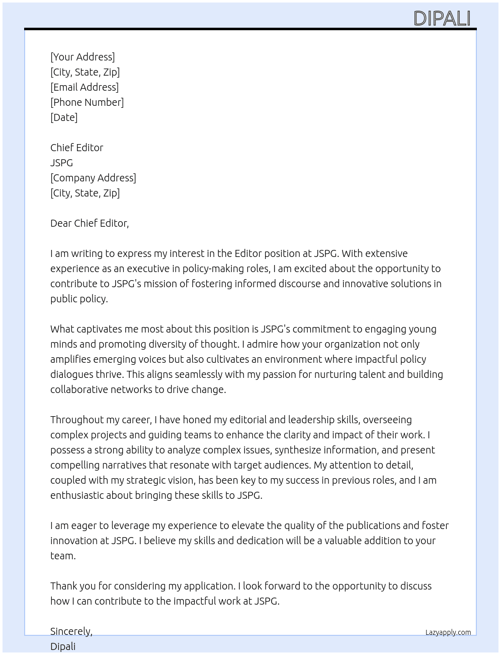 Cover letter for editor - LazyApply