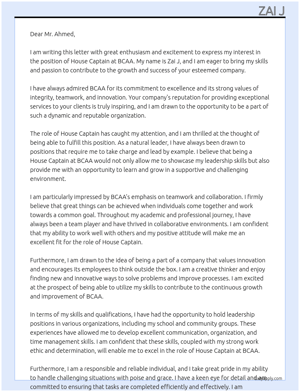 house captain At BCAA Cover Letter