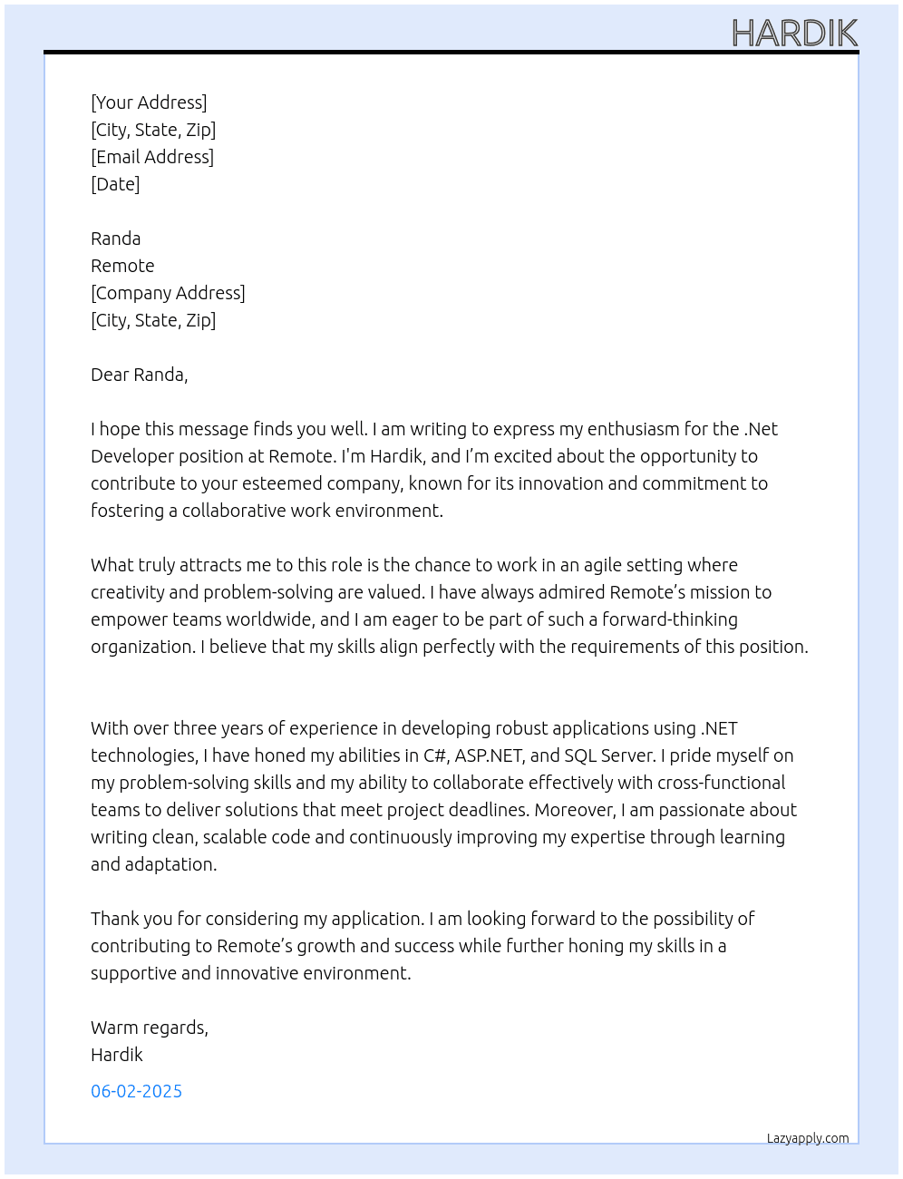  .Net Developer  At Remote Cover Letter