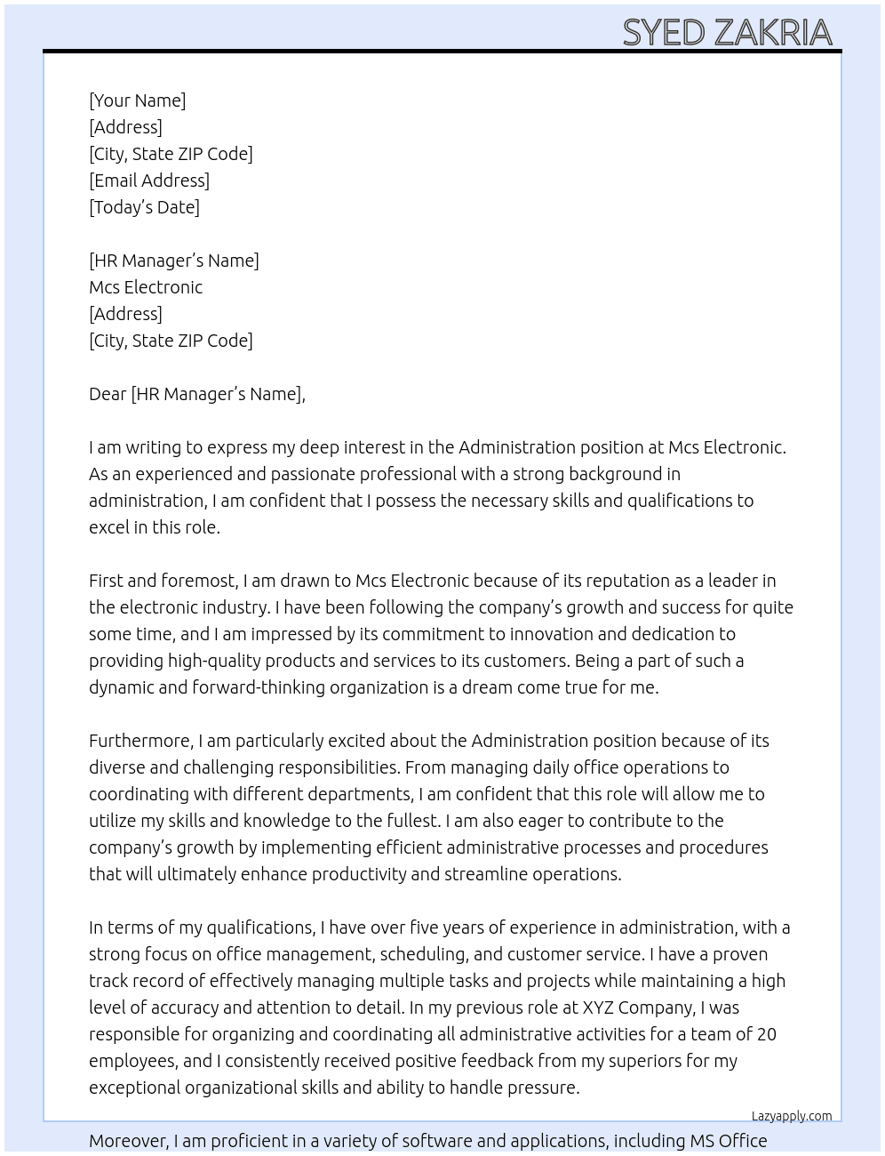 Administration  At Mcs electronic  Cover Letter