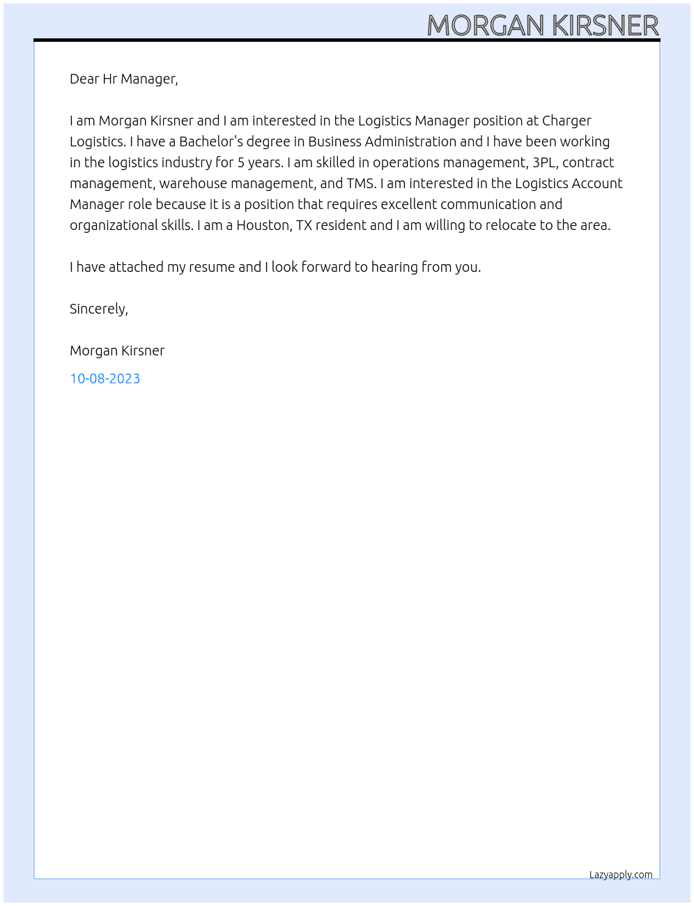 Logistics Manager At Charger Logistics Cover Letter