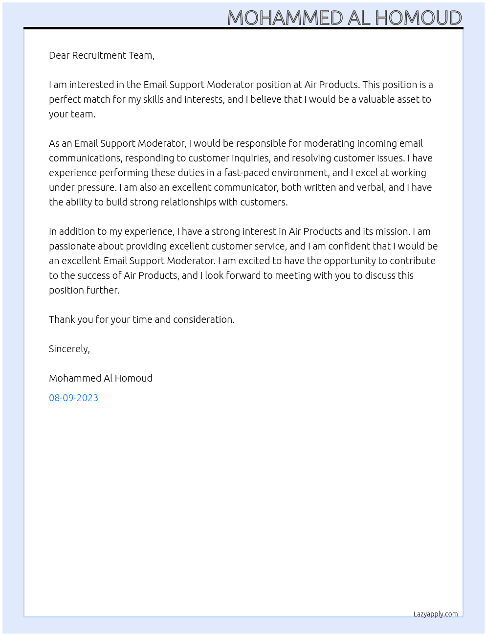 Email Support Moderator At Air Products Cover Letter
