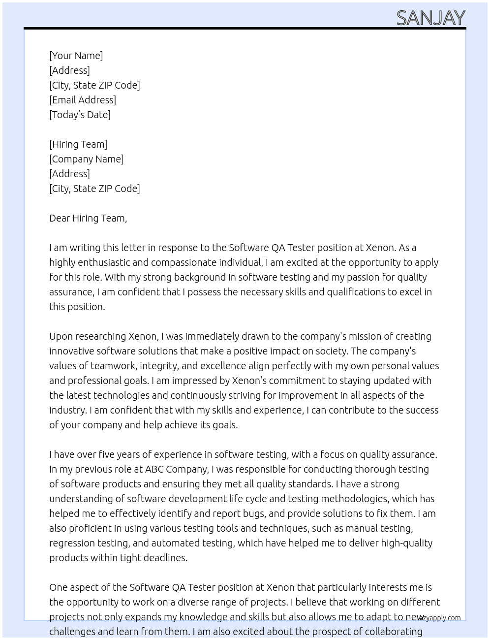 Software QA Tester At Xenon  Cover Letter