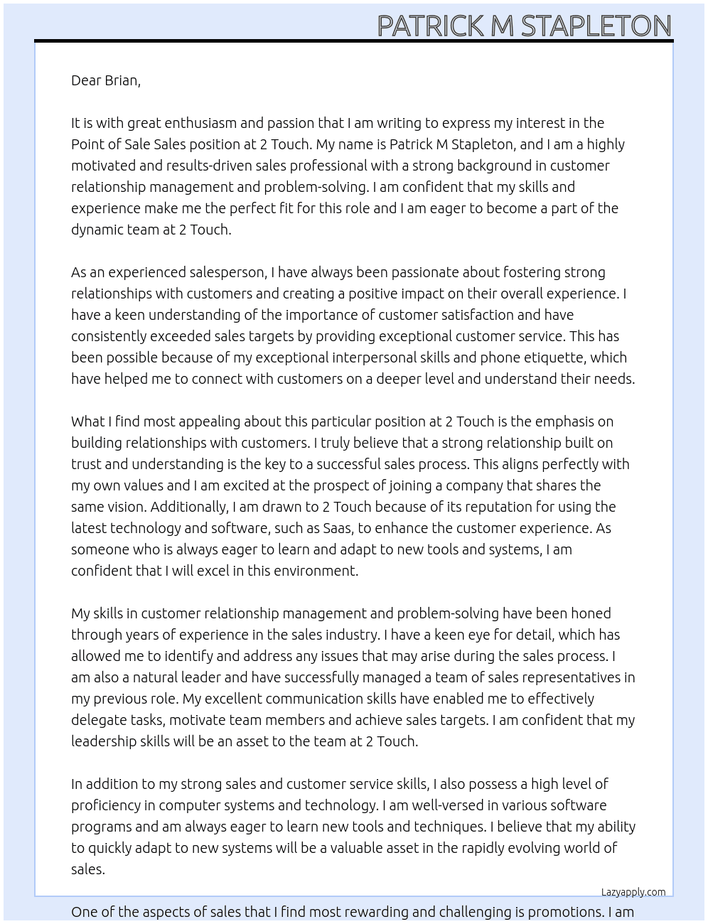 Point of Sale Sales At 2 Touch Cover Letter