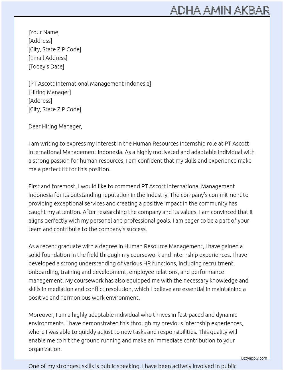 Human resources At PT Ascott International Management Indonesia Cover Letter