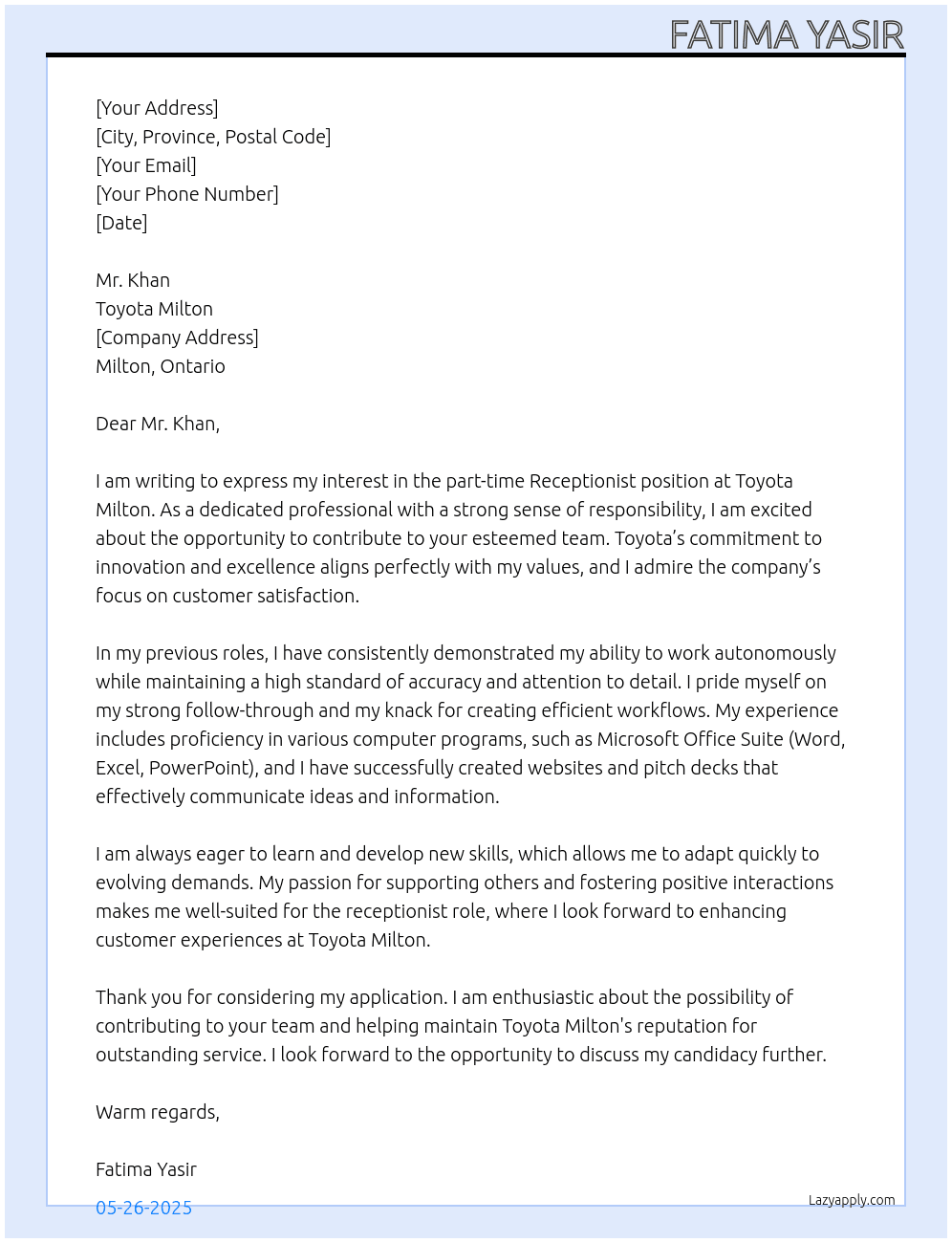 Receptionist At Toyota Milton Cover Letter