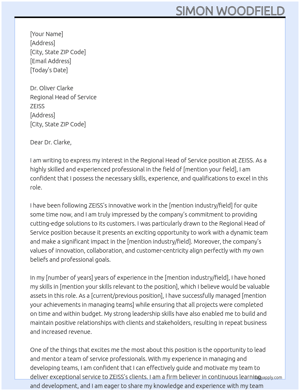 Regional Head of Service At ZEISS Cover Letter