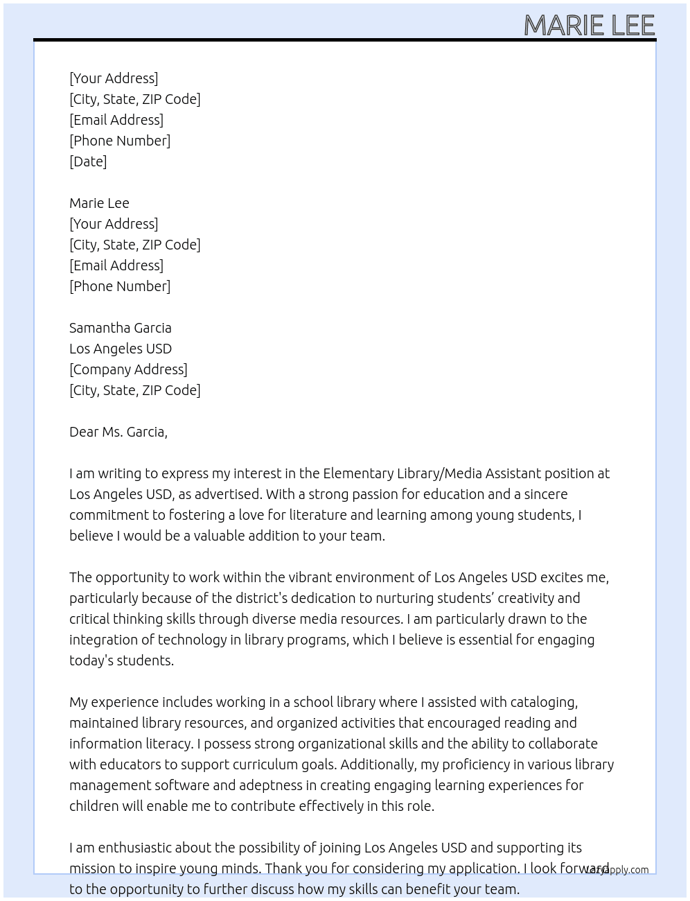 Elementary Library/Media Assistant  At Los Angeles USD Cover Letter