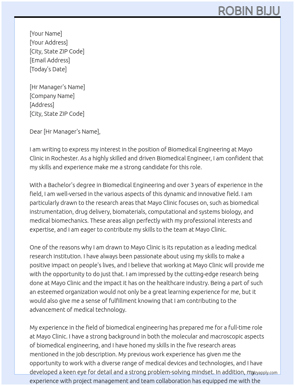 Application for the post of biomedical engineering At Mayo Clinic in Rochester Cover Letter