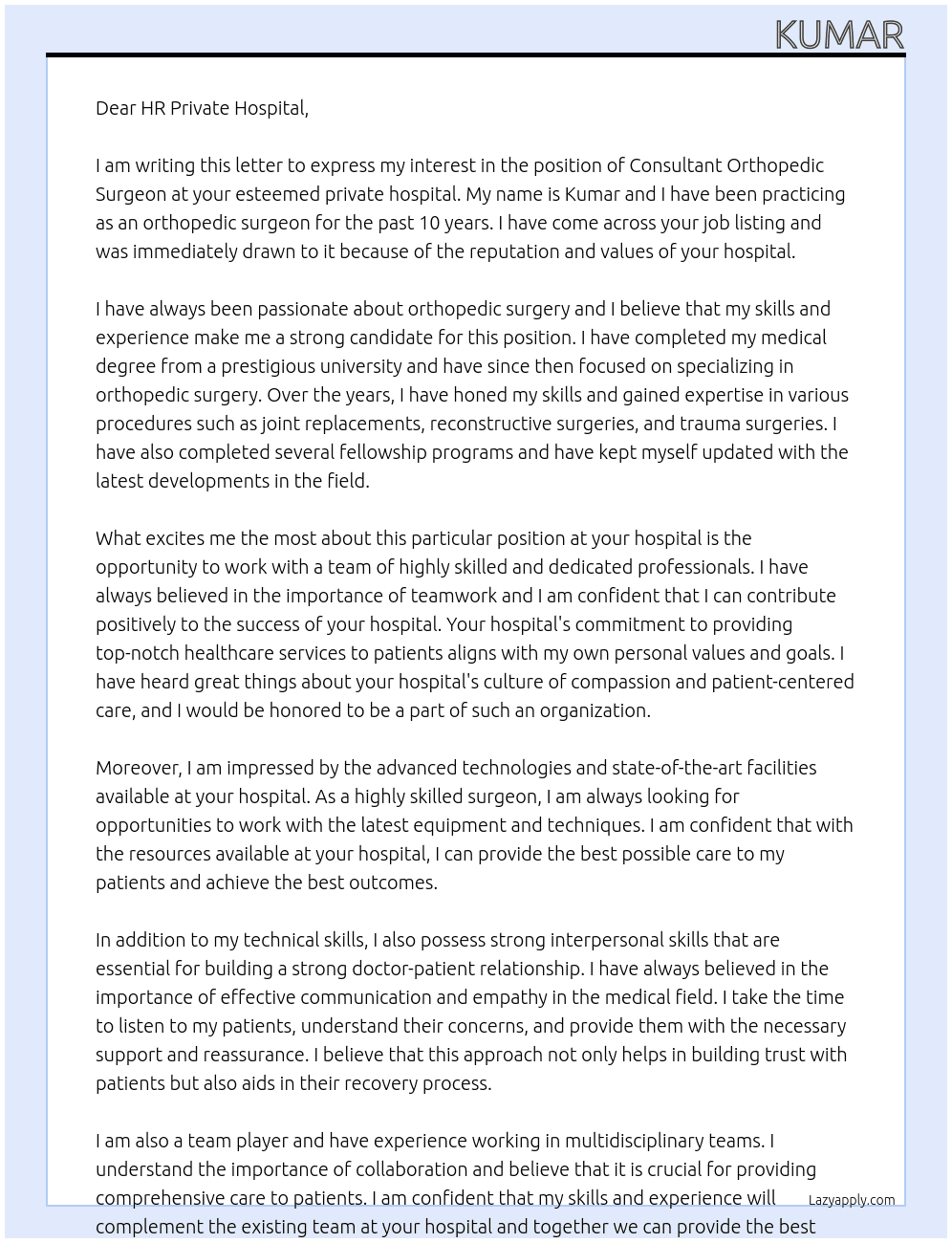 consultant orthopedic surgeon At private hospital Cover Letter