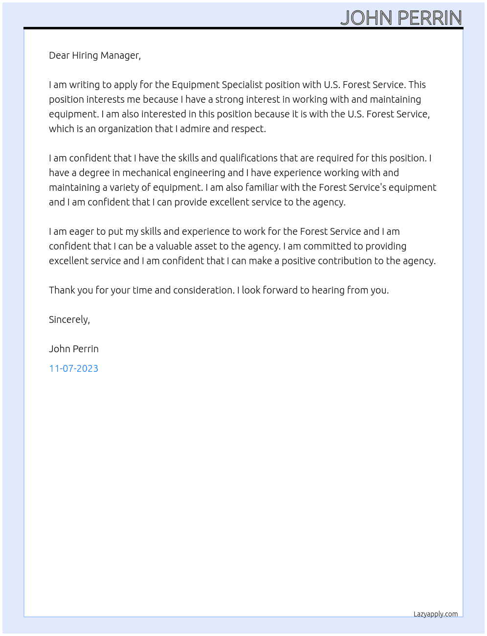 Equipment Specialist At U.S. Forest Service Cover Letter