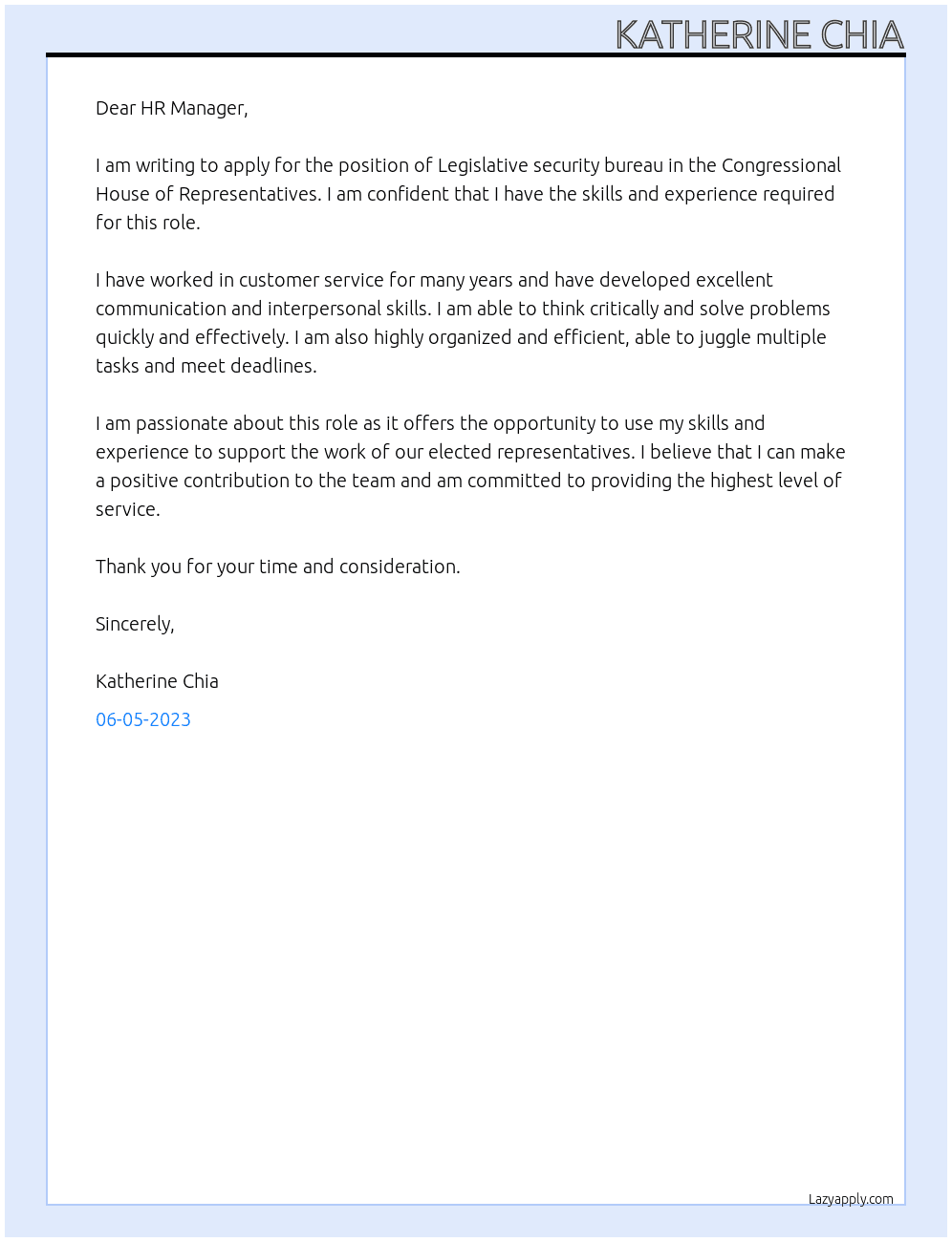 Legislative security bureau  At Congressional House of Representative  Cover Letter