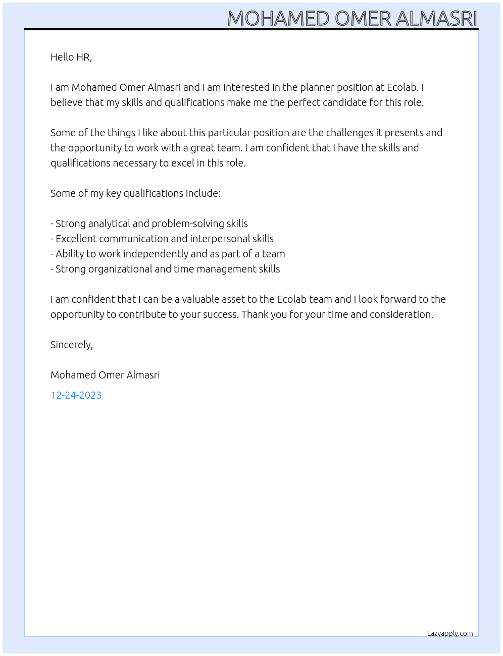 Planner At Ecolab Cover Letter