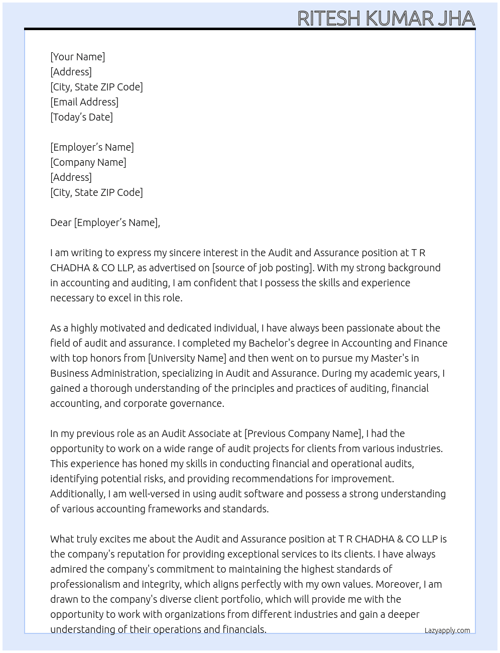  Audit and Assurance At T R CHADHA & CO LLP Cover Letter