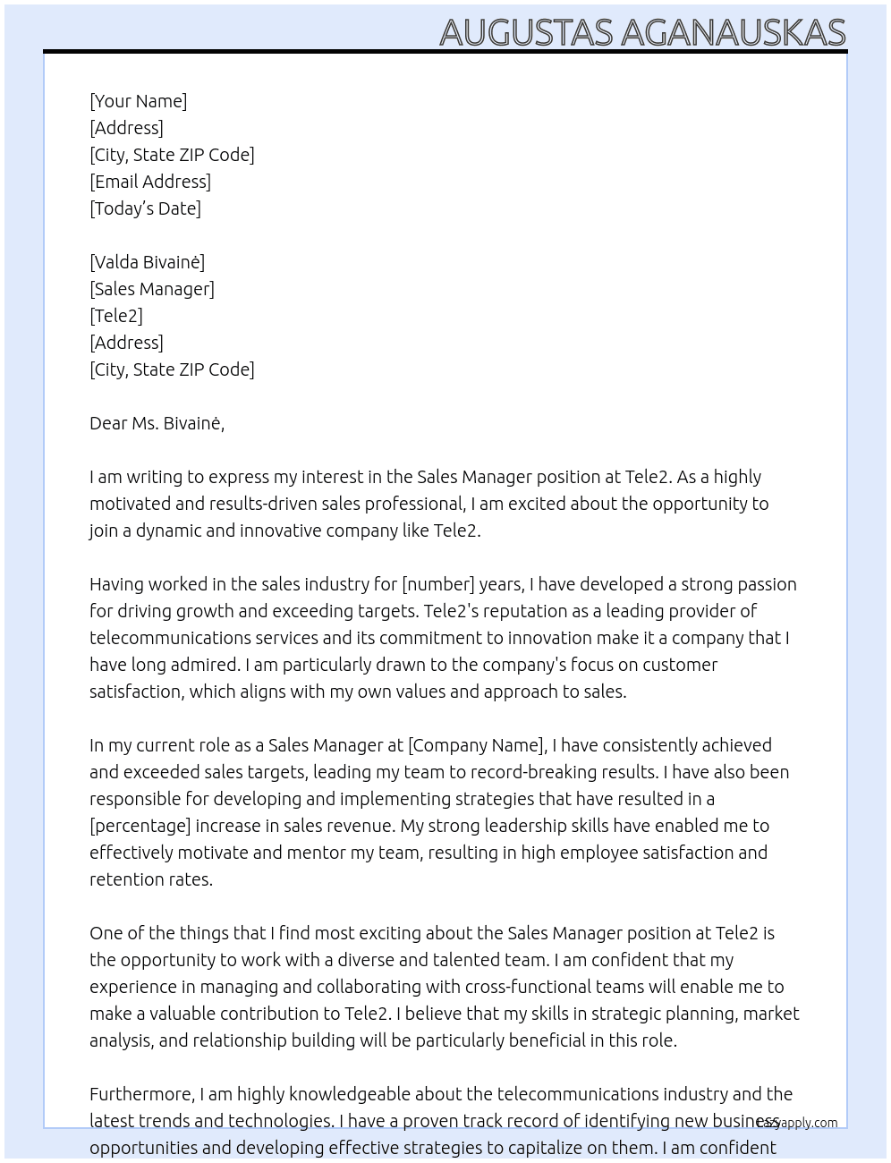 Sales Manager At Tele2 Cover Letter