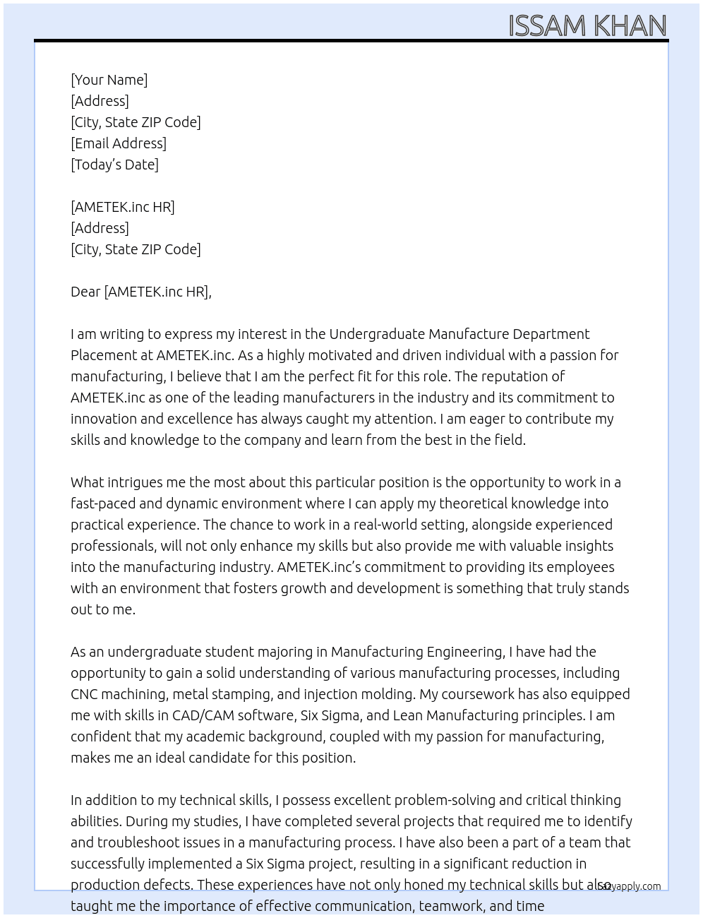 Undergraduate manufacture department placement At AMETEK.inc Cover Letter