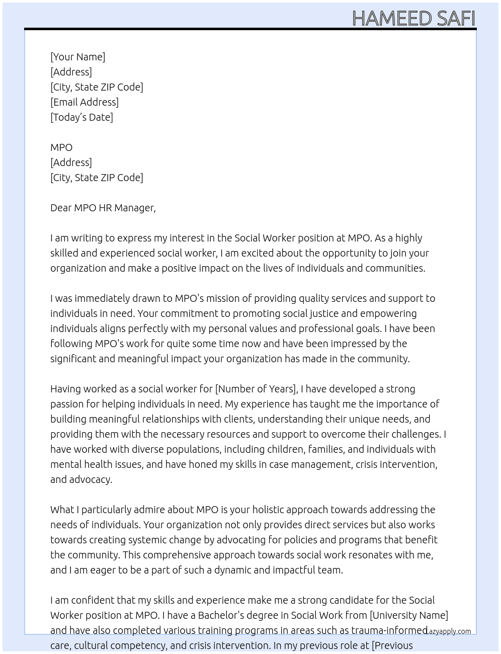 Social worker  At MPO Cover Letter