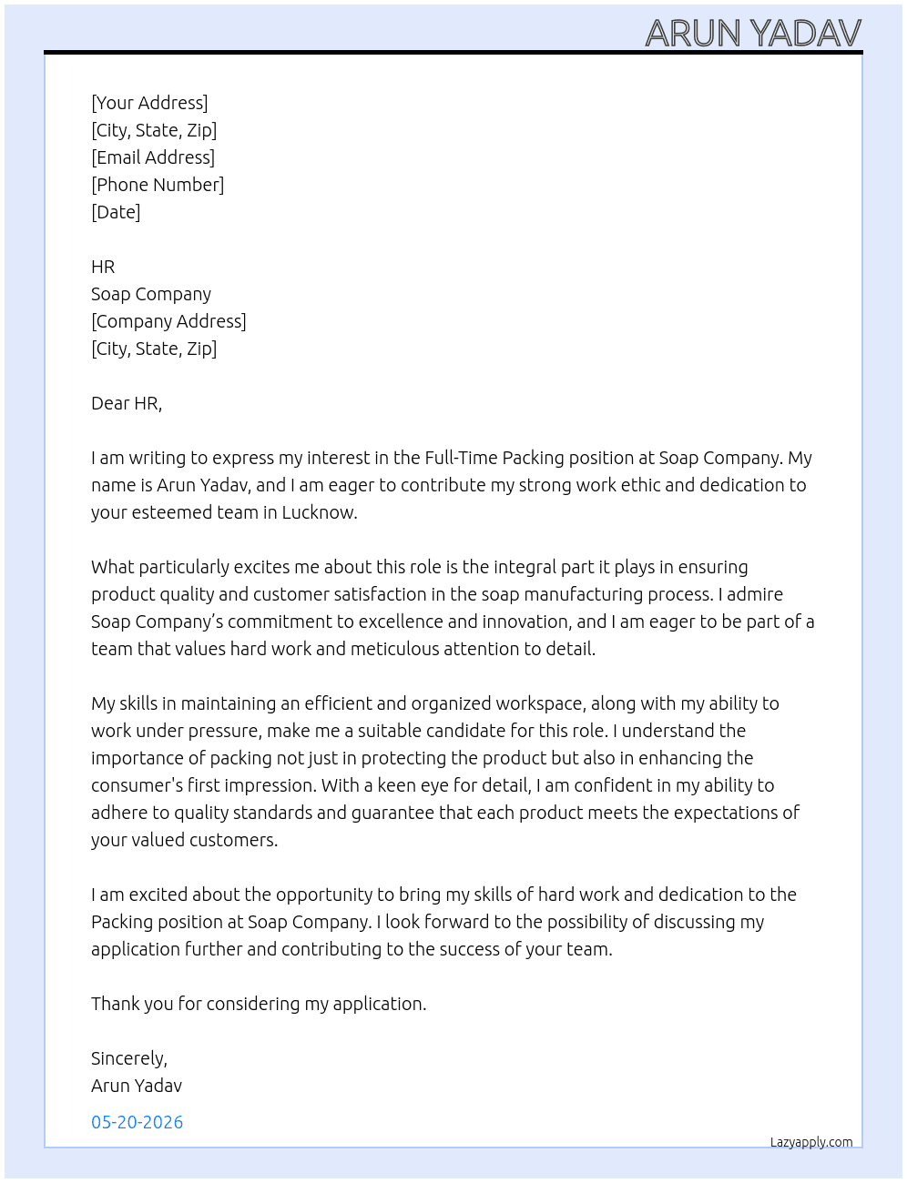 Cover letter for packing - LazyApply
