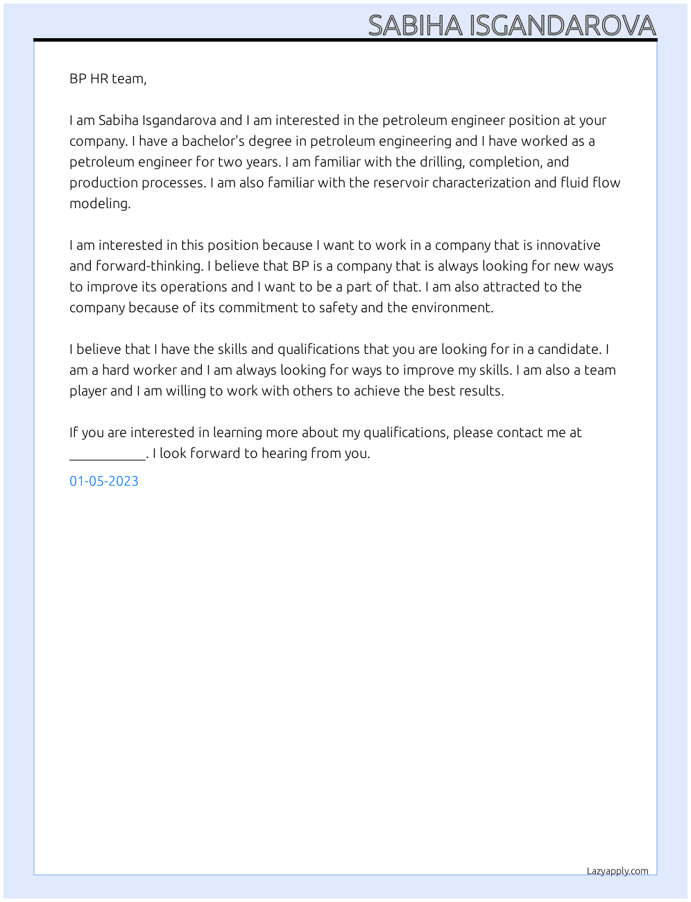 Petroleum engineer At Bp Cover Letter