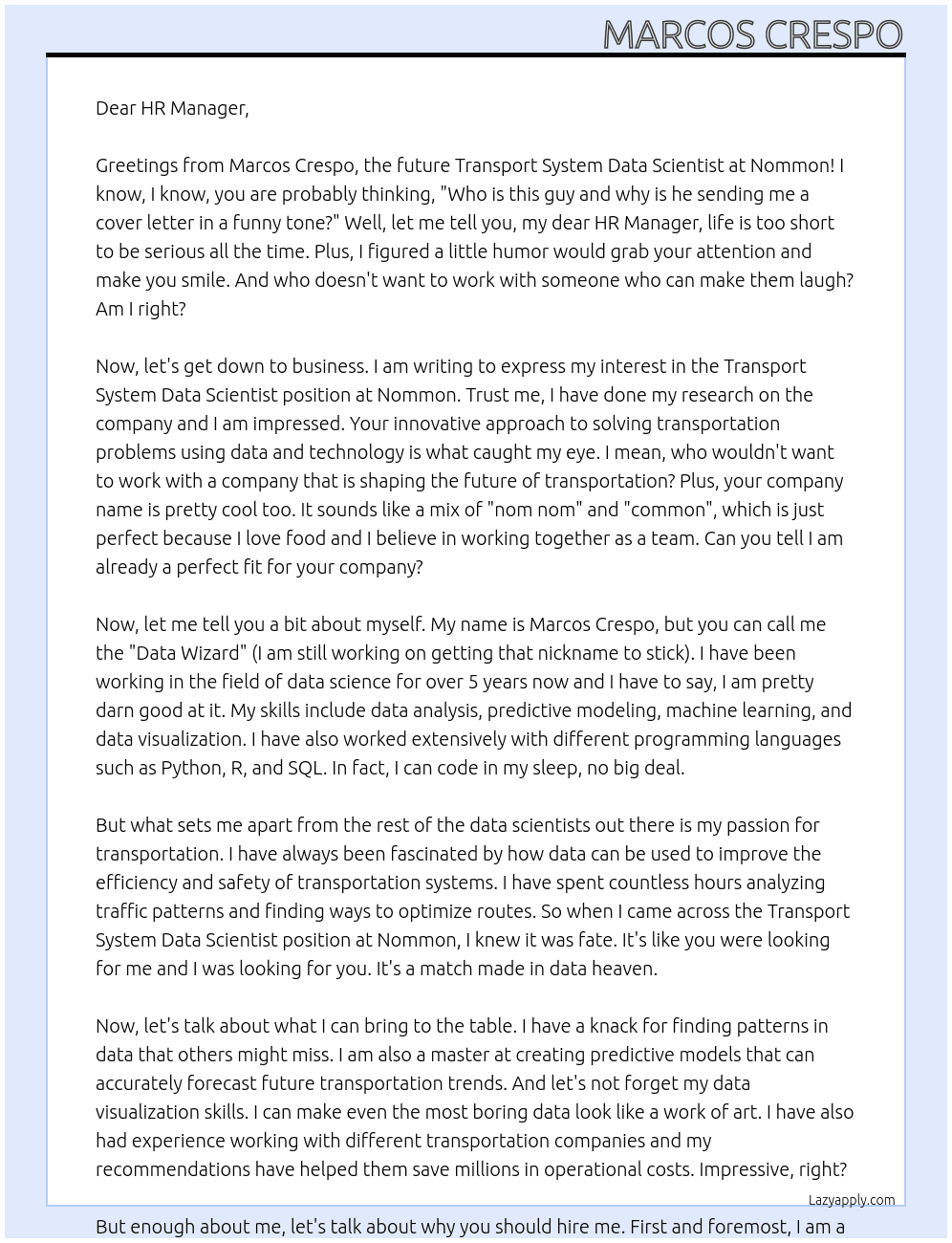 Transport System Data Scienctist At Nommon Cover Letter