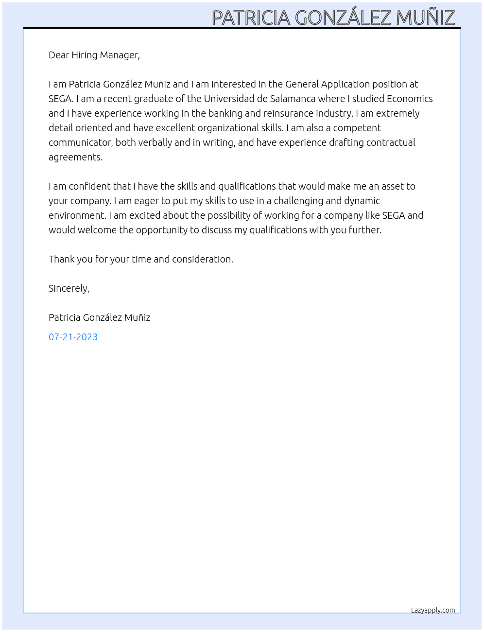 General Application At SEGA Cover Letter